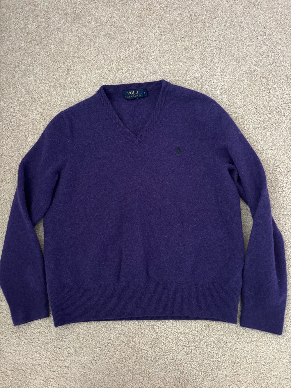 Girls polo Ralph Lauren 100% merino wool v neck purple sweater size large.